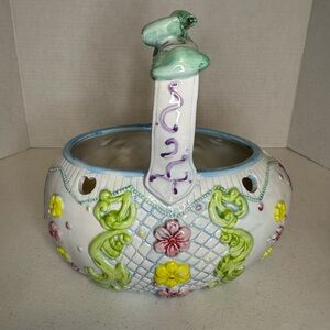 Easter Hand-Painted Pastel Floral Ceramic Basket - White and Green